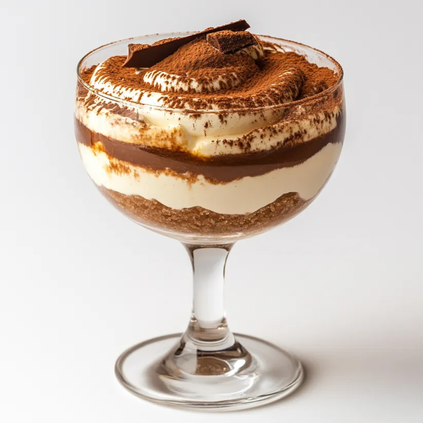 A glass of Tiramisu with chocolate drizzle.