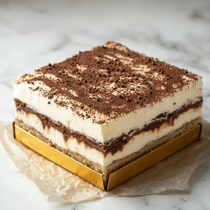 A slice of Tiramisu cake on a plate.