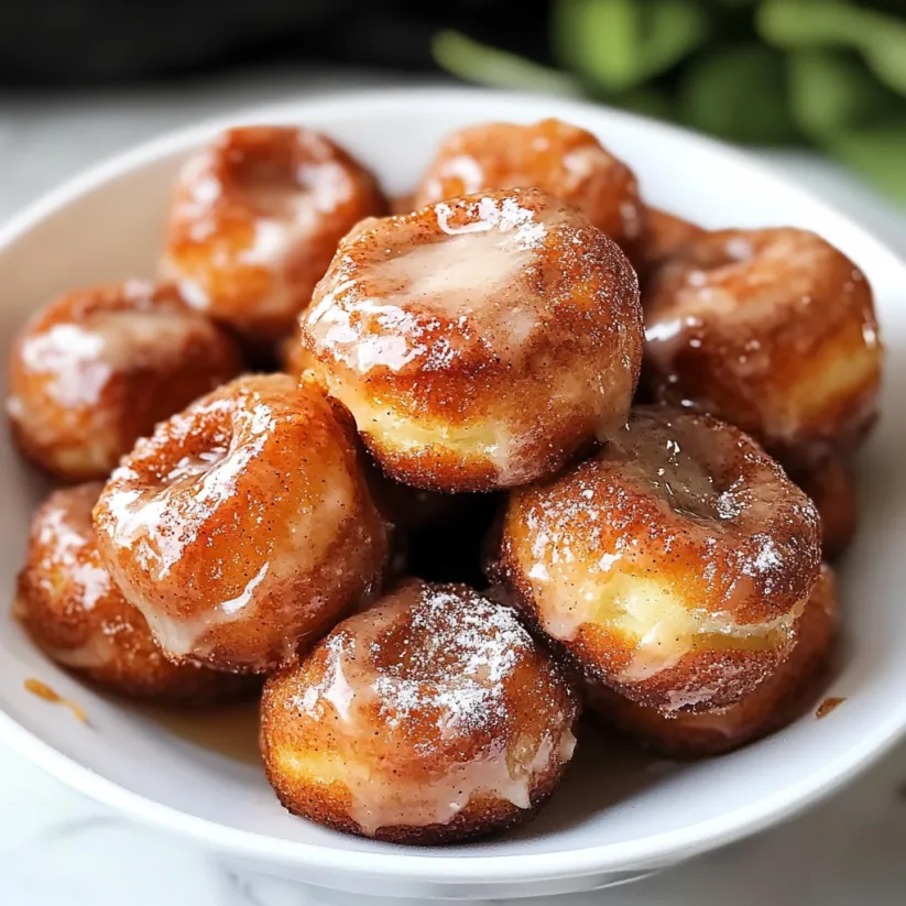A bowl of cinnamon roll donut bites.