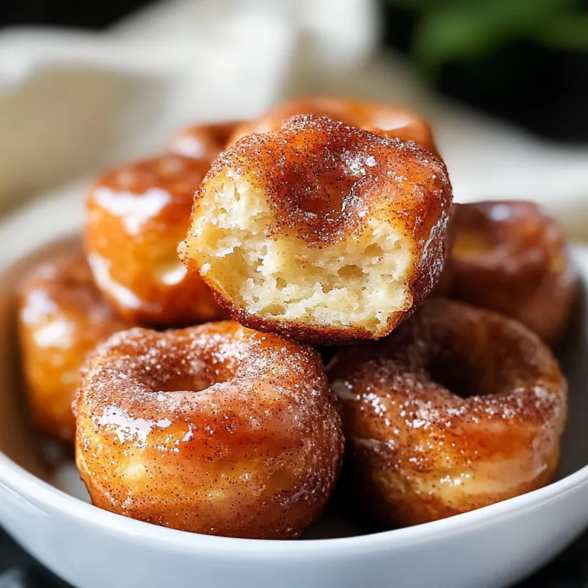 A bowl of cinnamon roll donut bites.