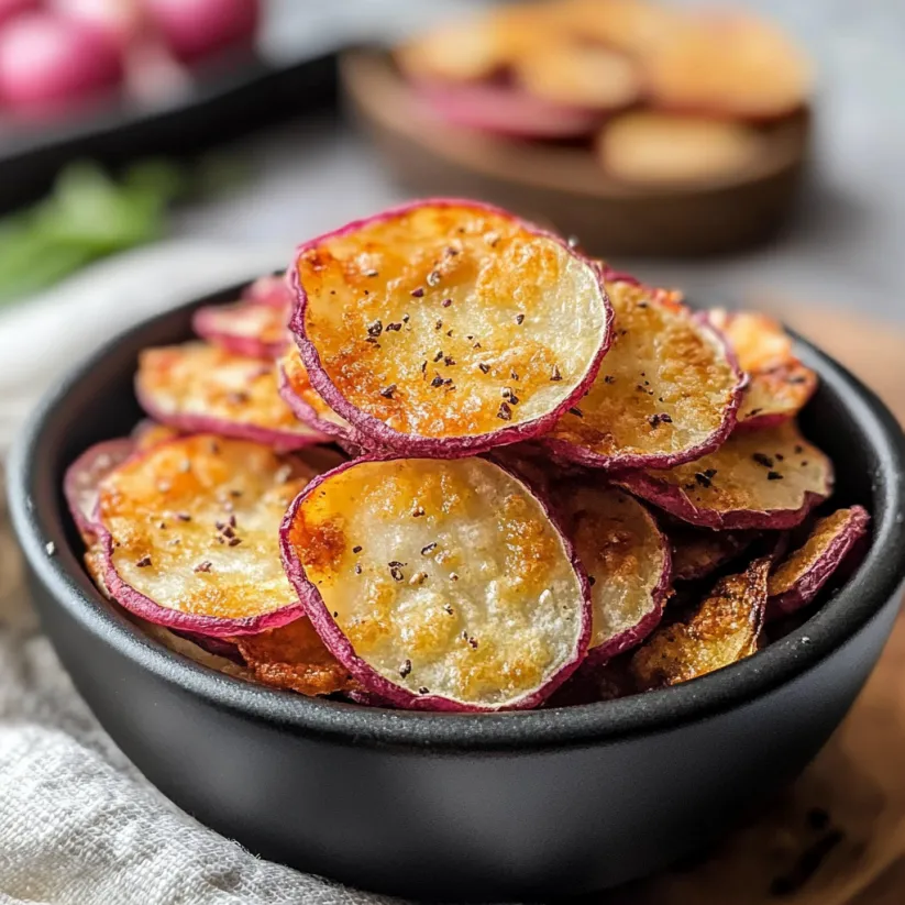 A bowl of air fryer radish chips.