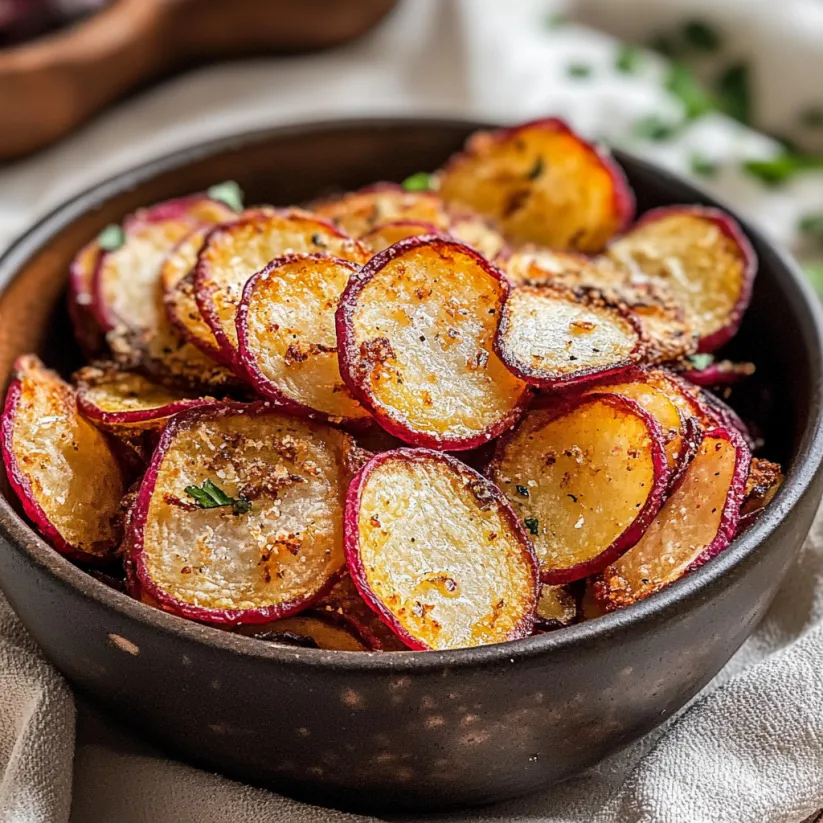 A bowl of air fryer radish chips.