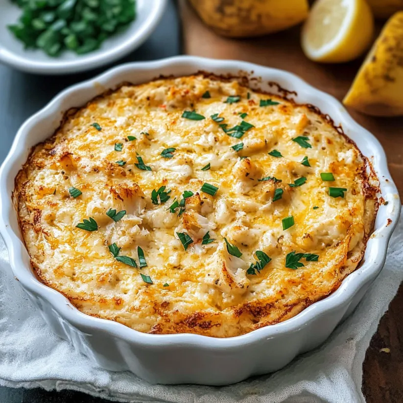 A bowl of crab dip with a lemon wedge on the side.