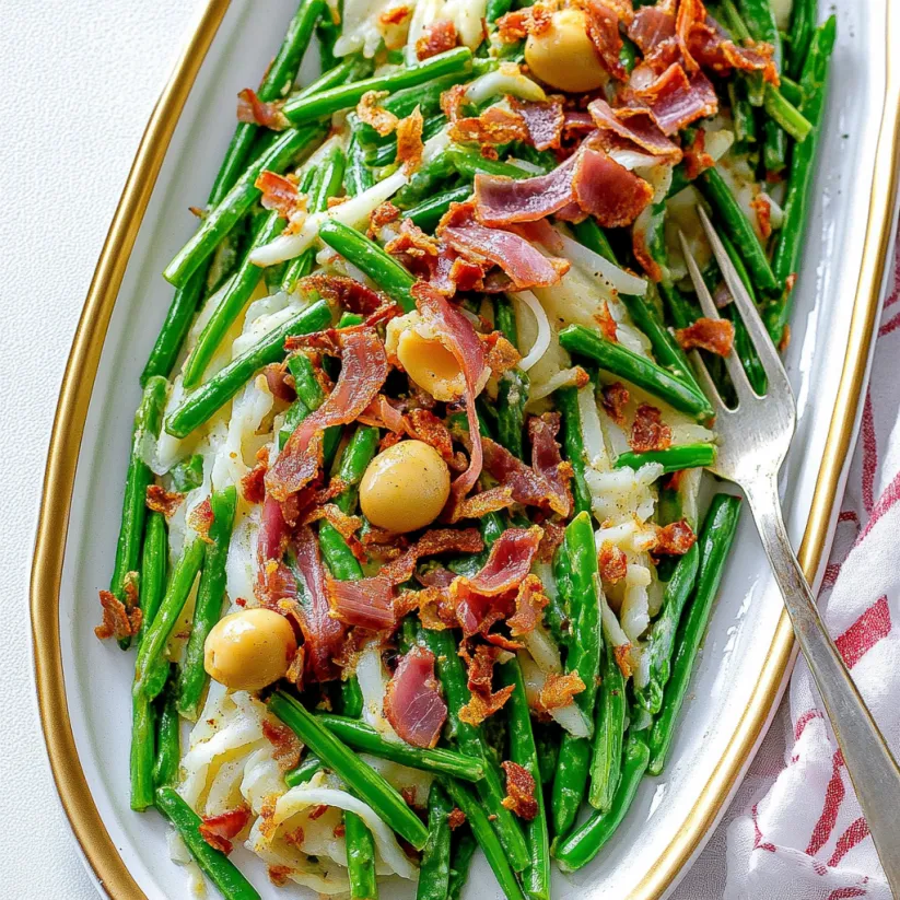 A plate of green beans with bacon.