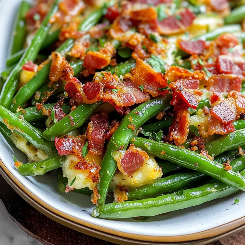 A plate of green beans with bacon on top.