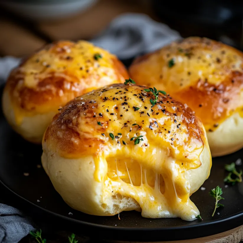 Three cheese buns on a plate.