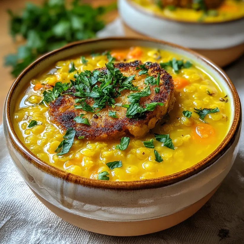A bowl of turmeric lentil soup.