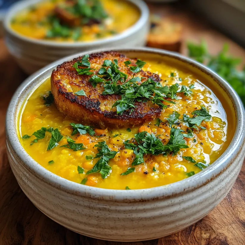 A bowl of turmeric lentil soup with a slice of bread on top.