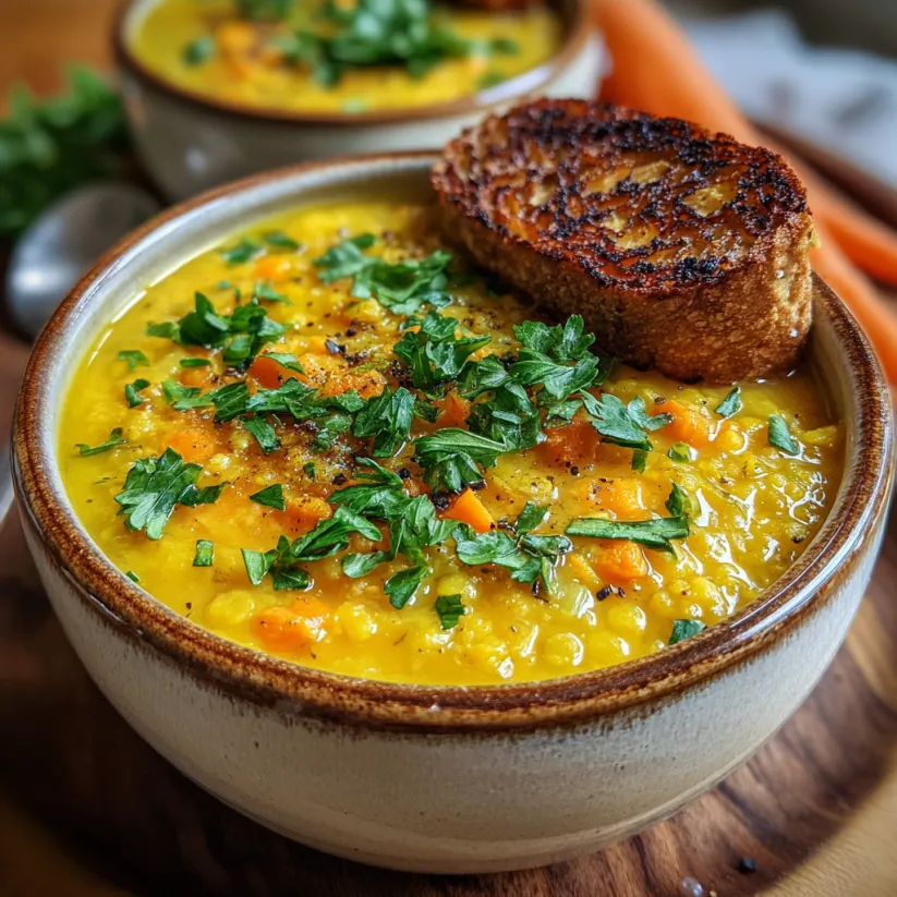 A bowl of turmeric lentil soup with a slice of toast on top.