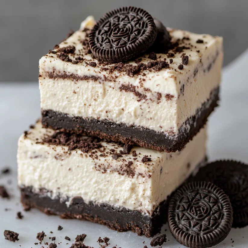 A close up of a slice of creamy no-bake Oreo cheesecake bars.