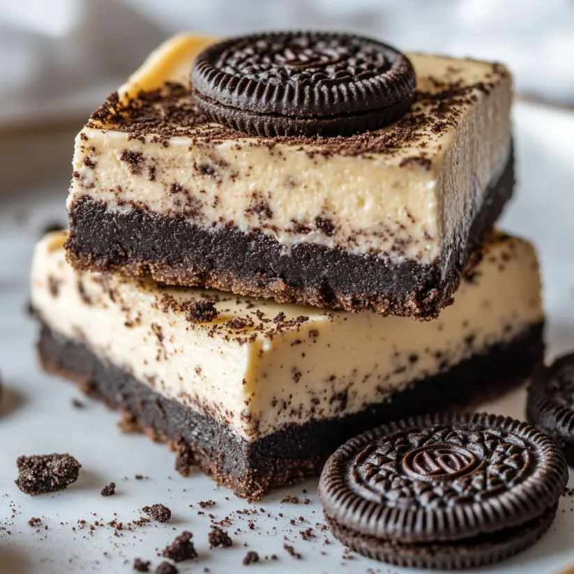 A close up of a creamy no-bake Oreo cheesecake bar.