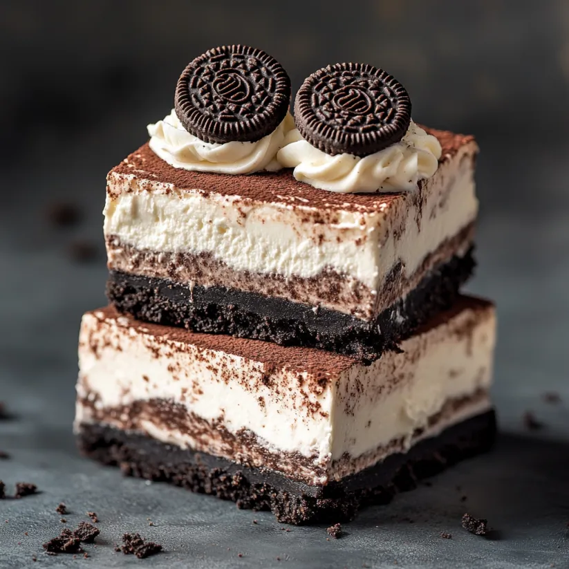 A slice of creamy no-bake Oreo cheesecake bars.