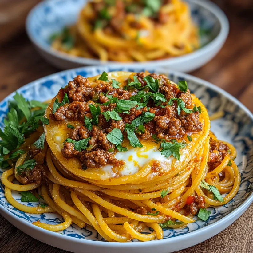 A plate of spaghetti with meat on top.