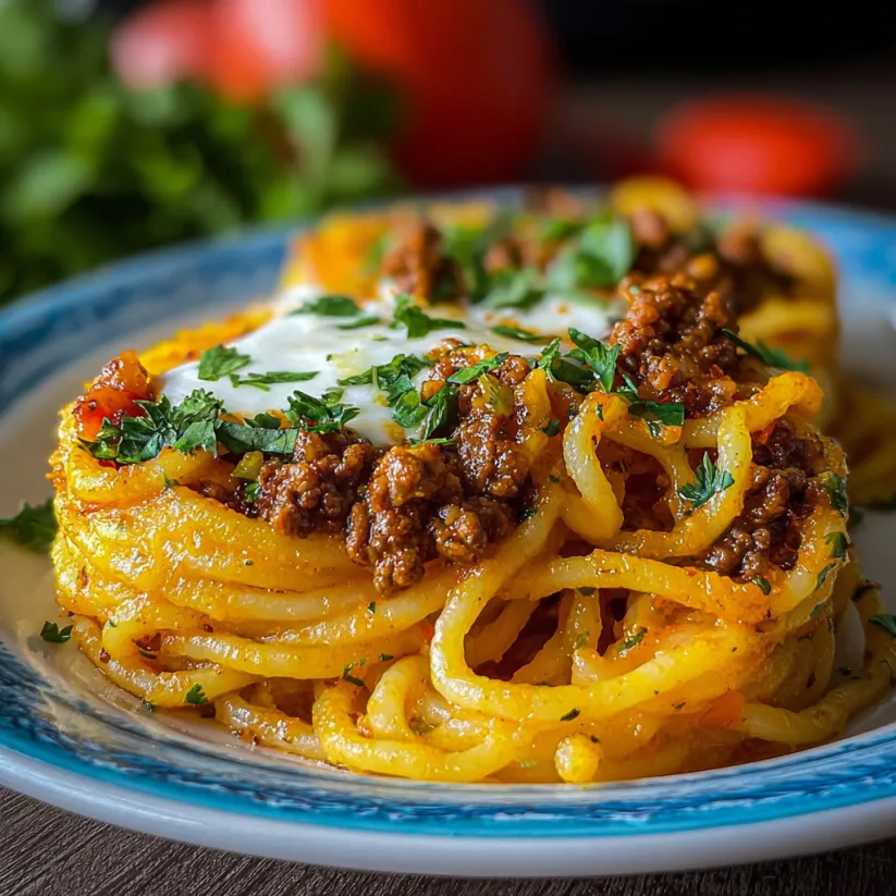 A plate of spaghetti with meat and cheese on top.