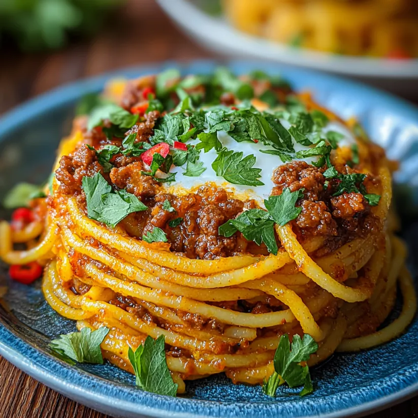 A plate of spaghetti with meat and vegetables.
