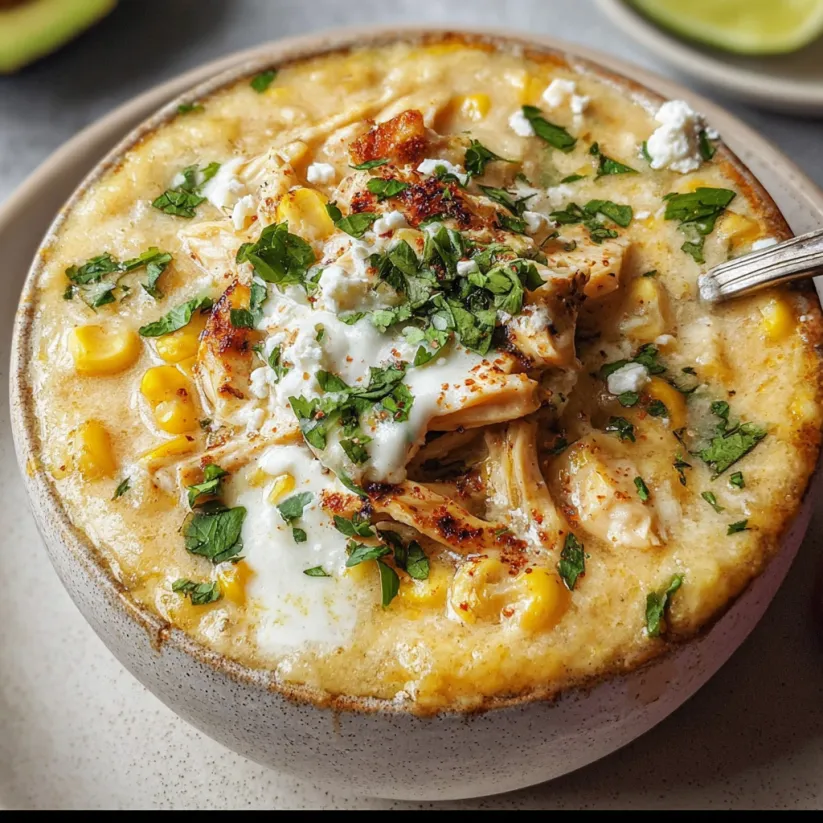 A bowl of Mexican street corn white chicken chili.