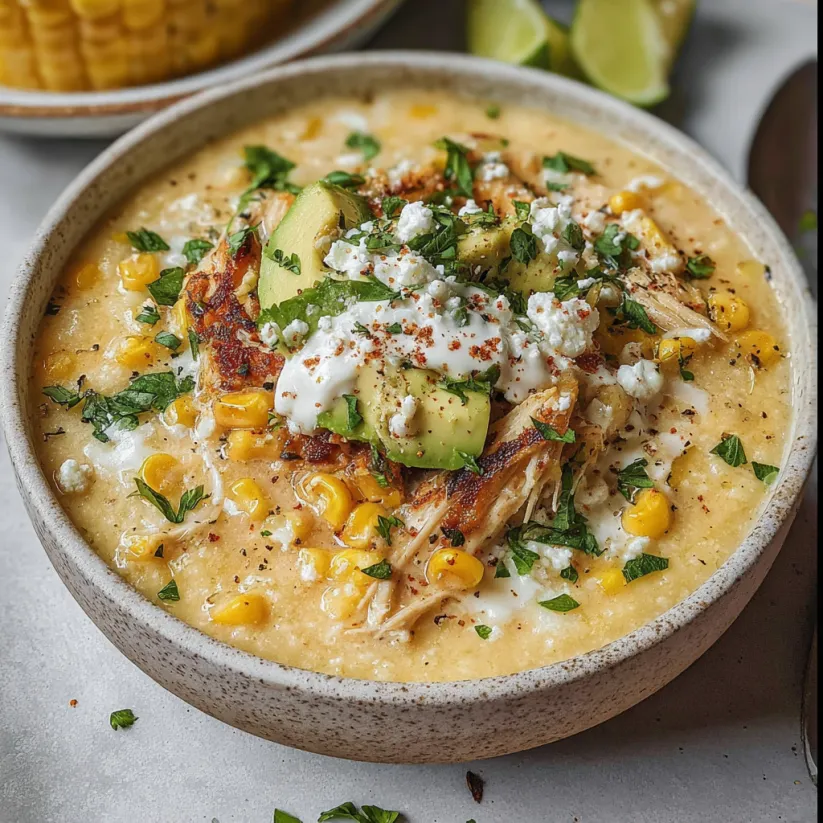 A bowl of Mexican street corn white chicken chili.