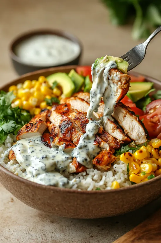 A bowl of chicken and rice with a spoon in it.