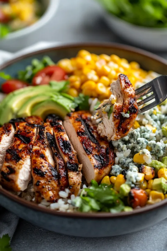 A plate of food with chicken, rice, corn, and blue cheese.