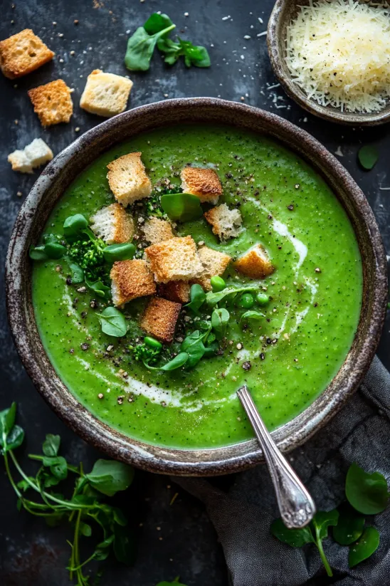 A bowl of soup with bread and green vegetables.