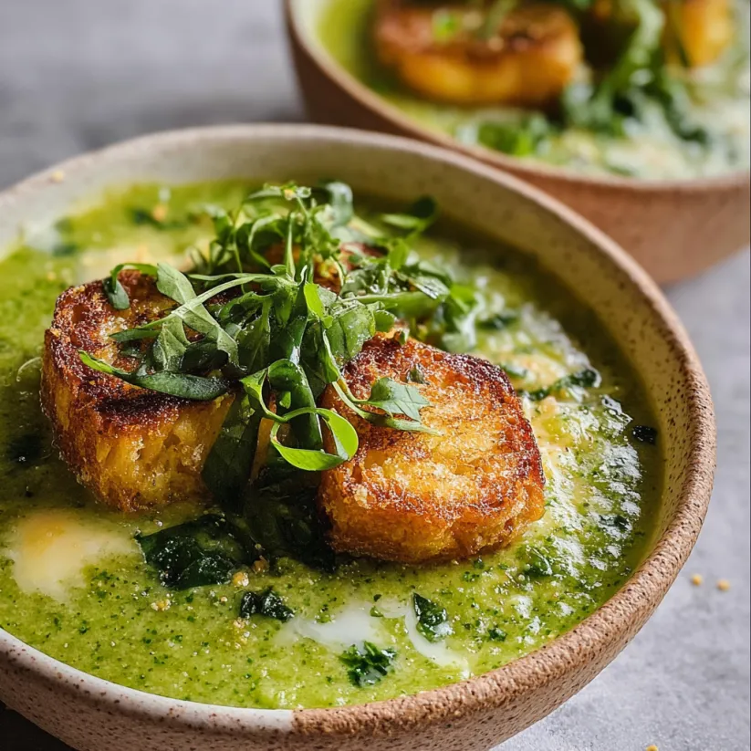 A bowl of soup with a green broth and a garnish of green leaves.