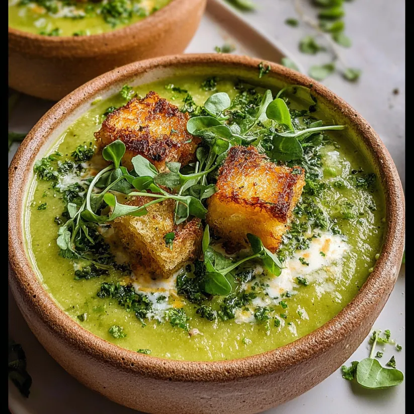 A bowl of soup with toast and greens.