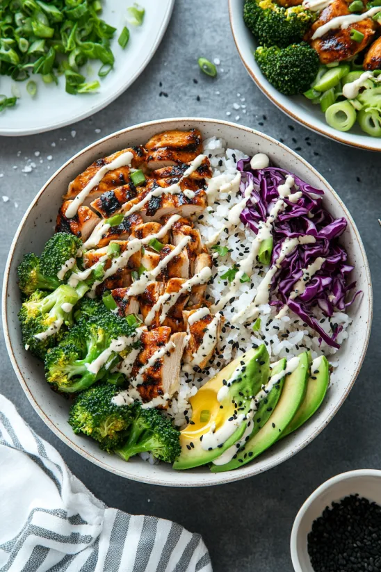 A bowl of food with broccoli, chicken, and rice.