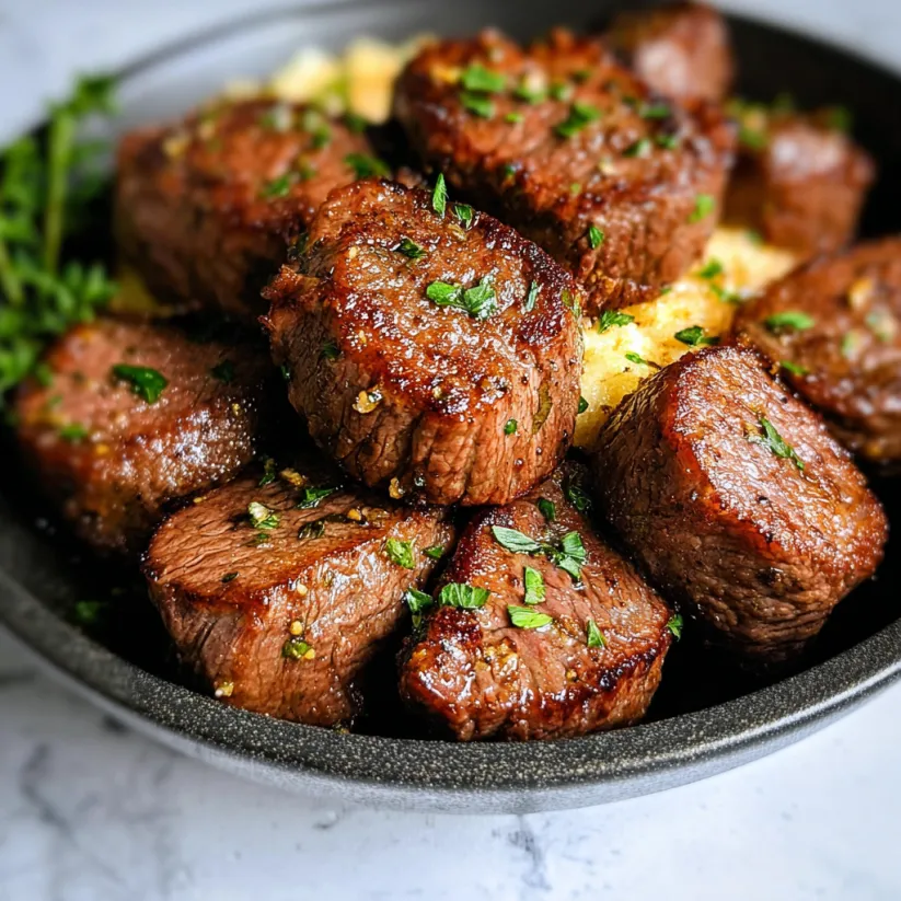 A bowl of beef steak bites with herbs and spices.