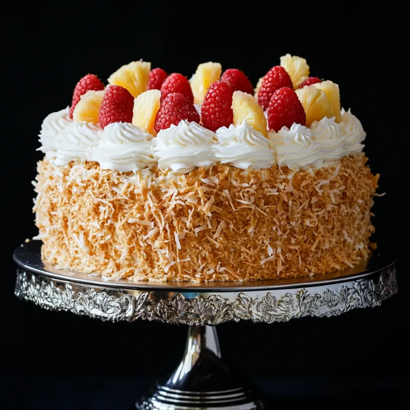 A slice of pina colada cake on a silver platter.