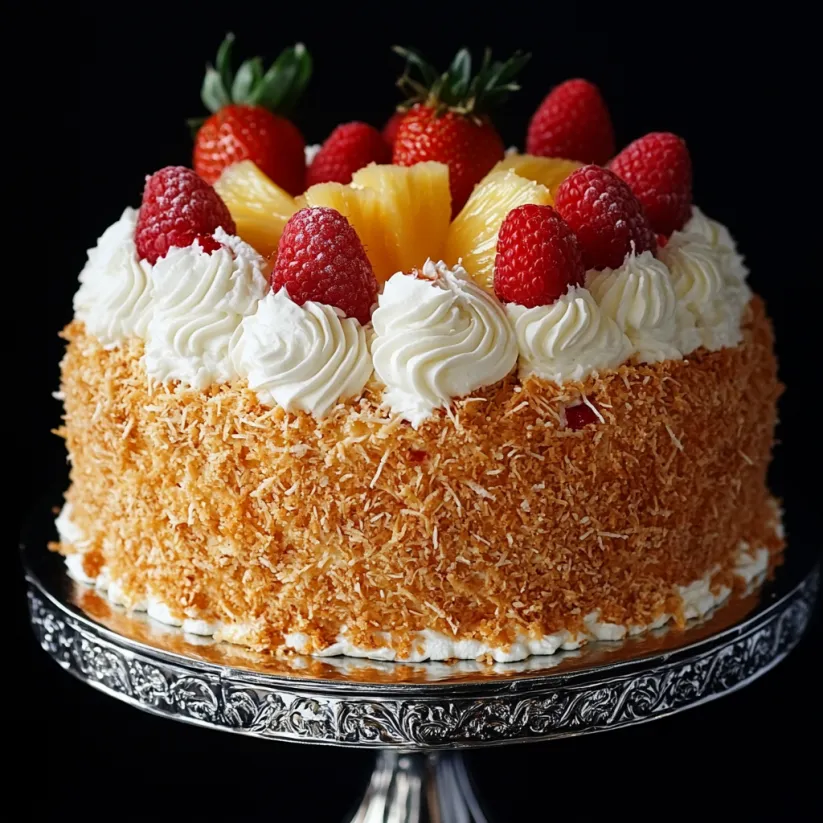 A slice of pina colada cake with strawberries and pineapple.