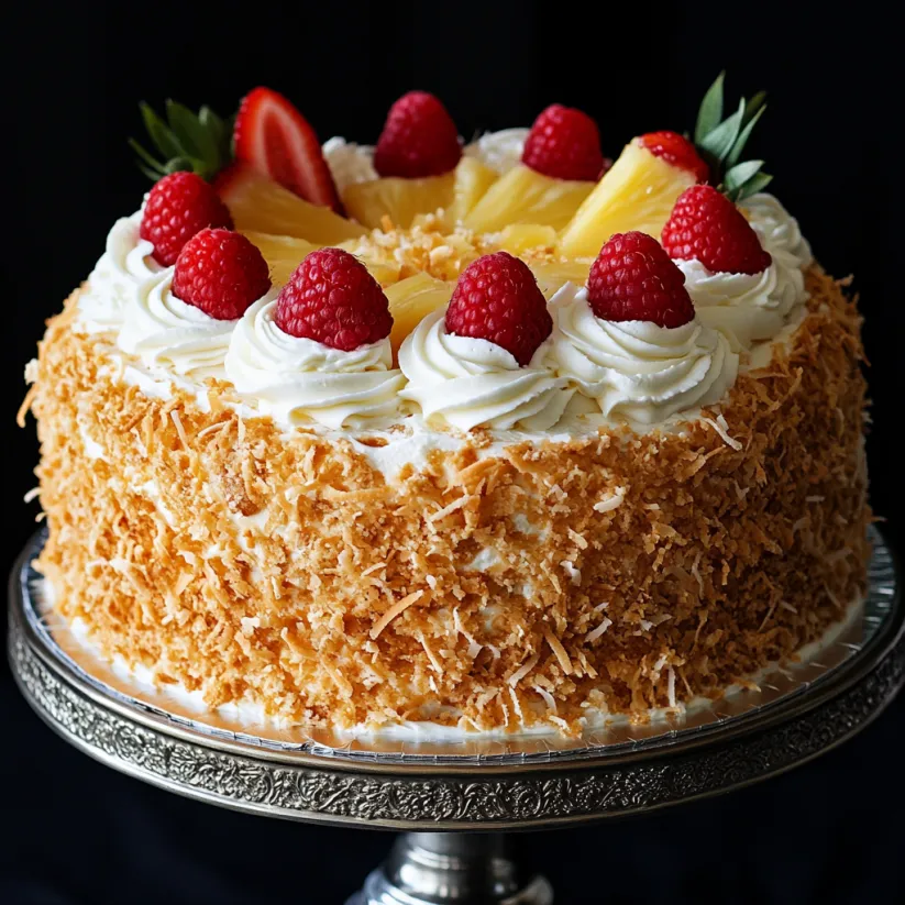 A cake with pineapple and strawberries on top.