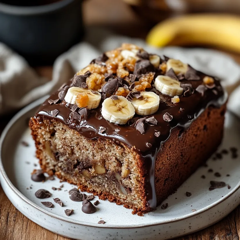 A slice of banana bread with chocolate frosting and banana slices on top.