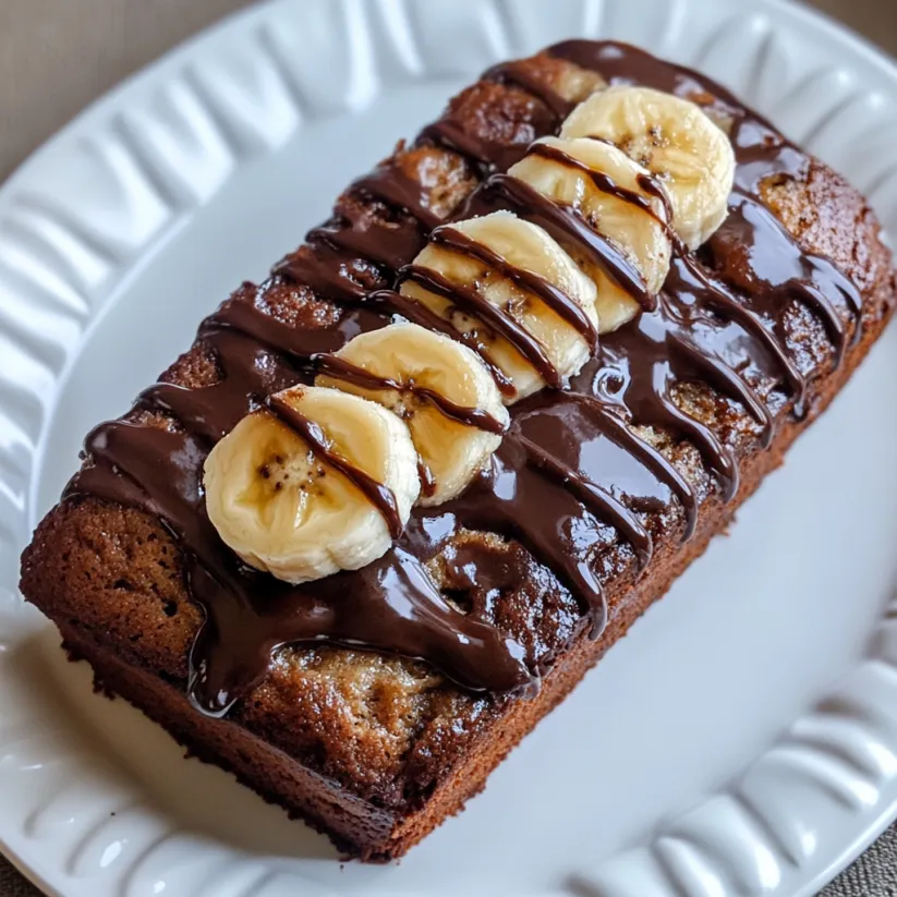 A slice of banana bread with chocolate drizzled on top.
