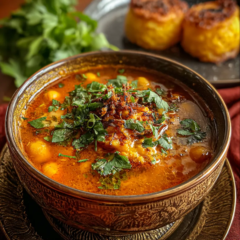 A bowl of Harira soup with a spoon.