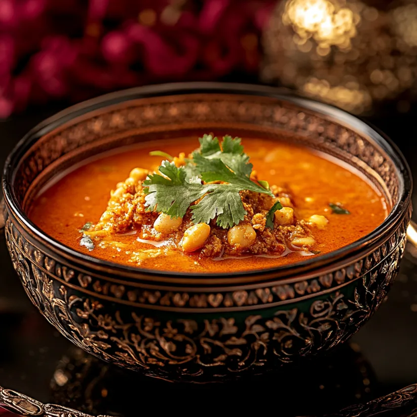 A bowl of Harira soup with a green garnish.