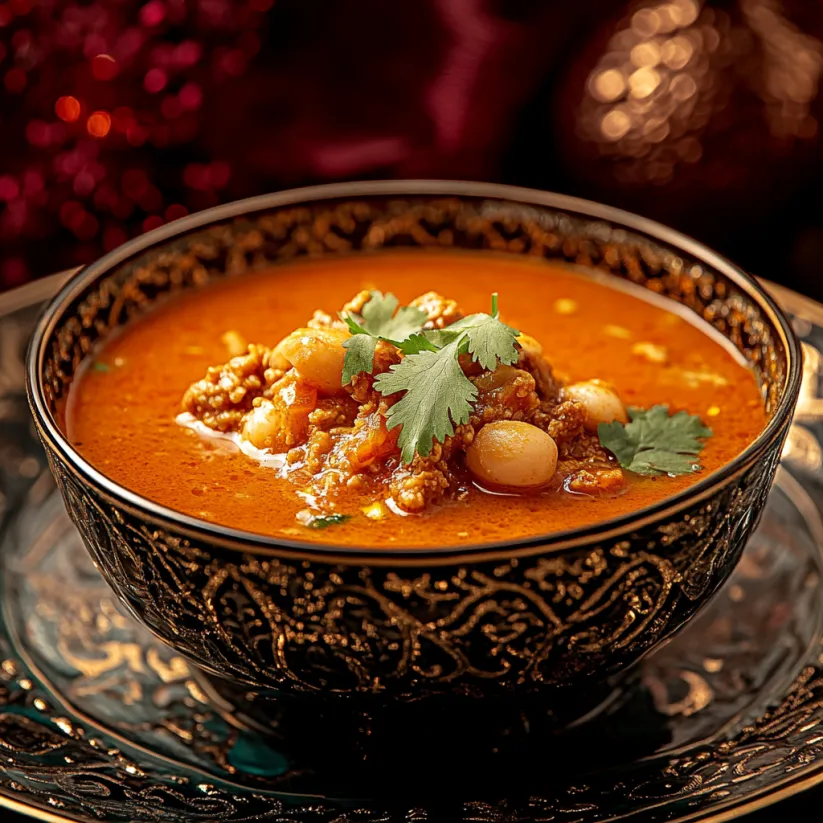 A bowl of Harira soup with a spoon in it.