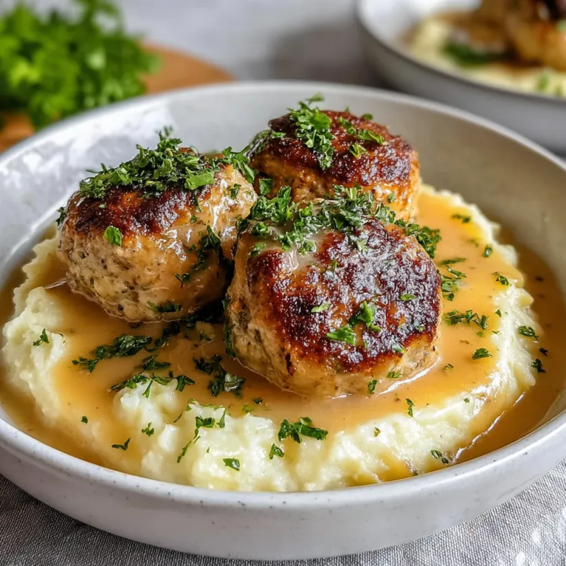 A plate of meatballs with gravy.