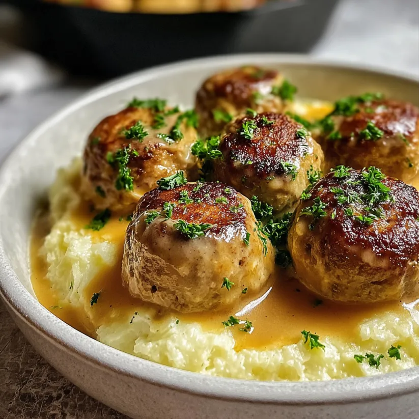 A plate of meatballs with gravy.