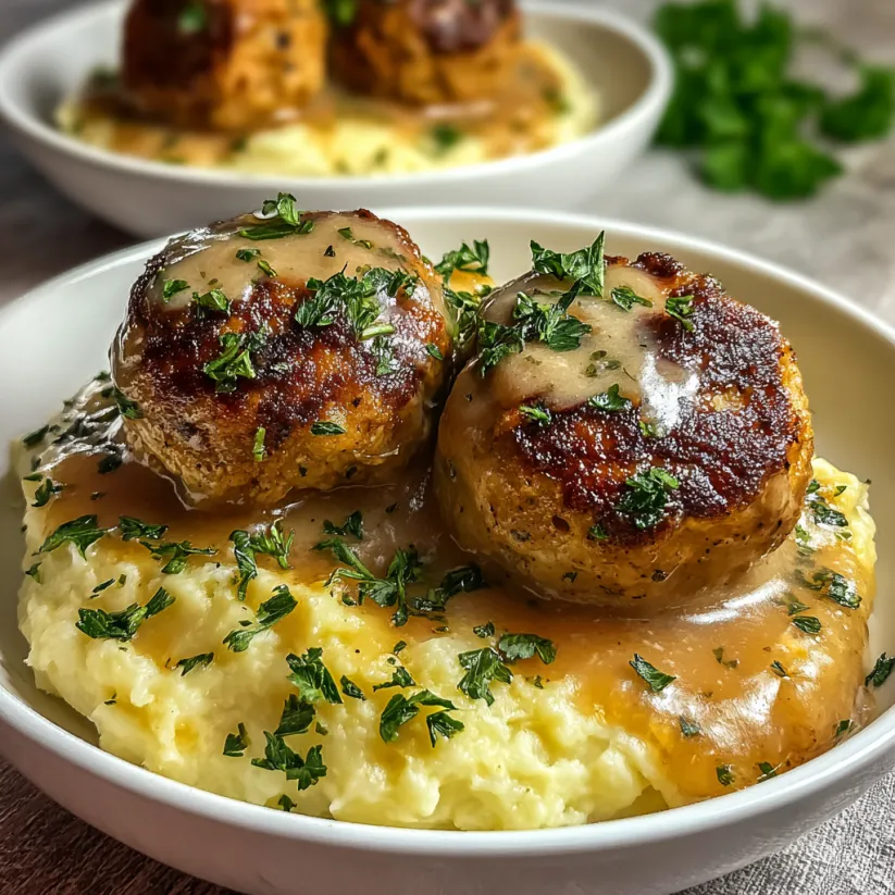 Two meatballs covered in gravy.