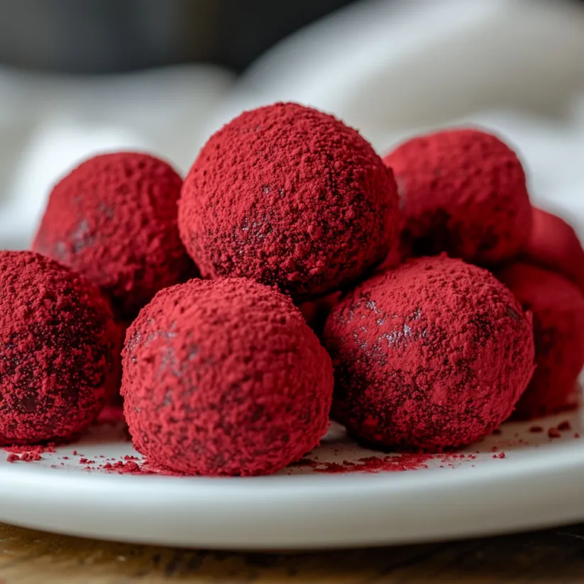 Red velvet truffles with cream cheese filling.