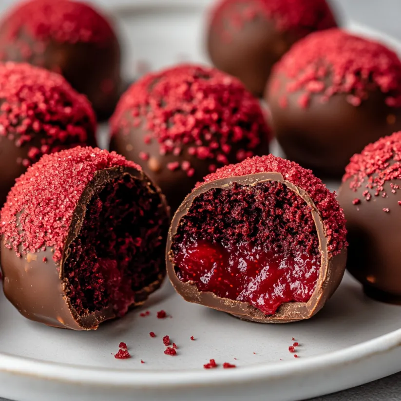 Red velvet truffles with cream cheese filling.