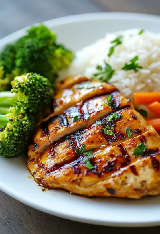 A plate of food with chicken, broccoli, and rice.