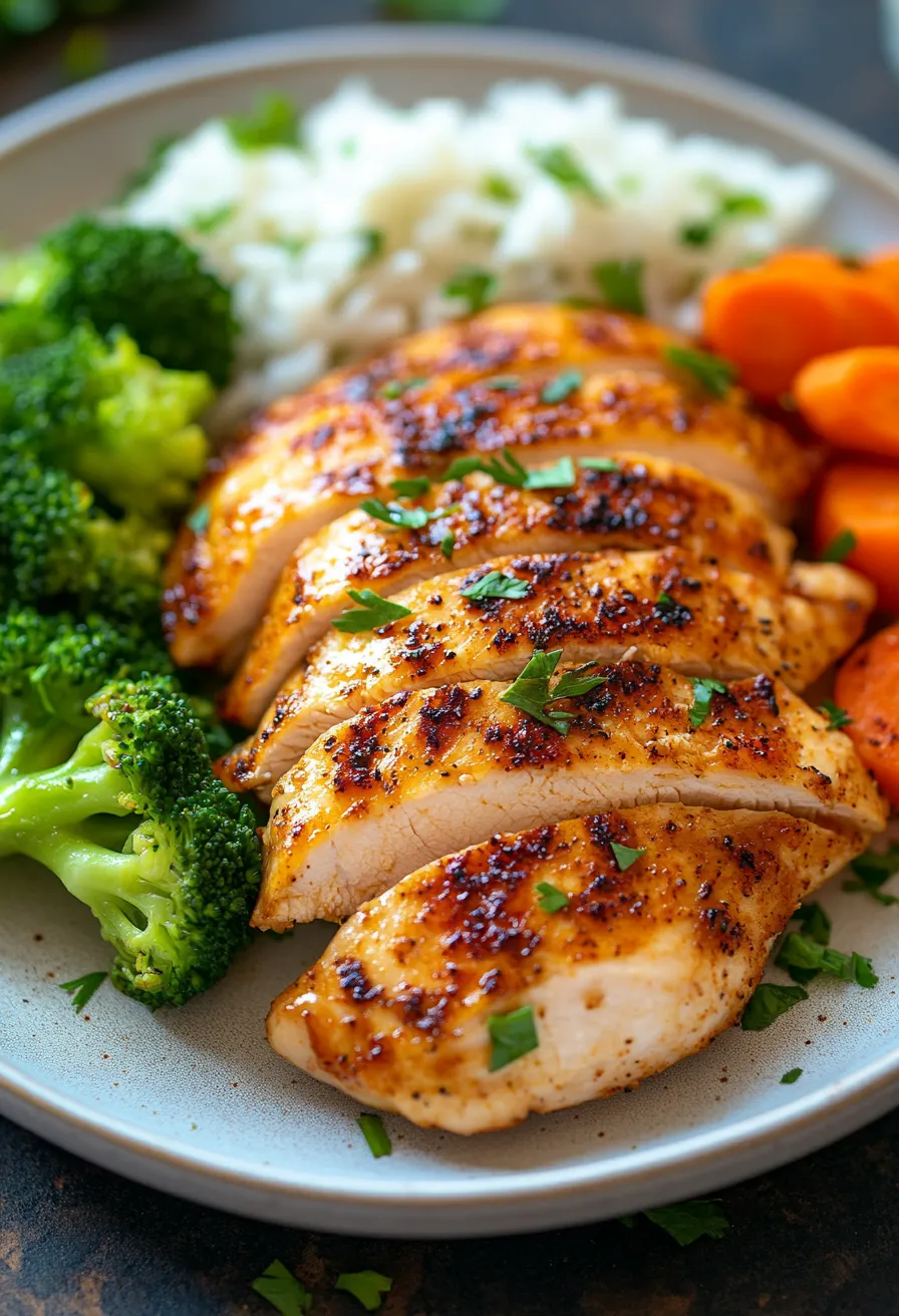 A plate of chicken with broccoli and carrots.