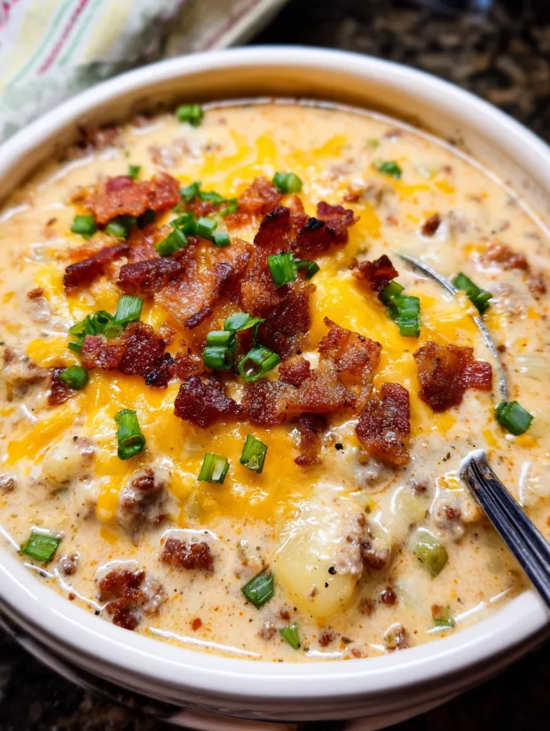 A bowl of soup with bacon and cheese.