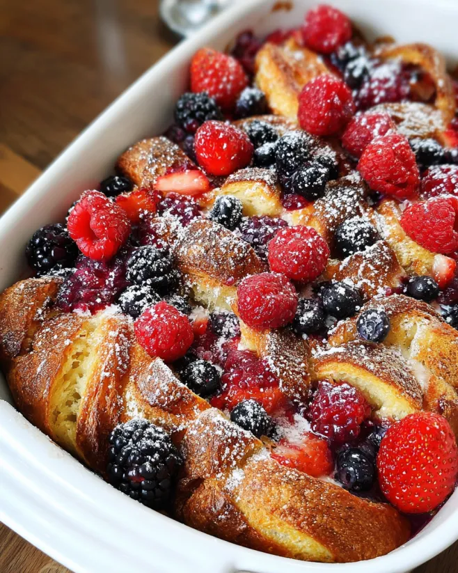 A baked dessert with berries and croissant.