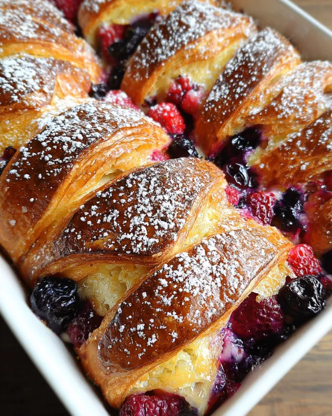 A baked dessert with berries and croissant.