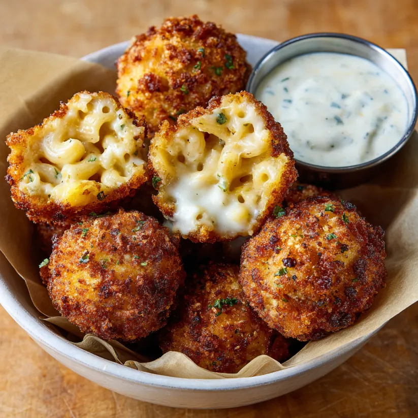 A bowl of fried mac and cheese bites.