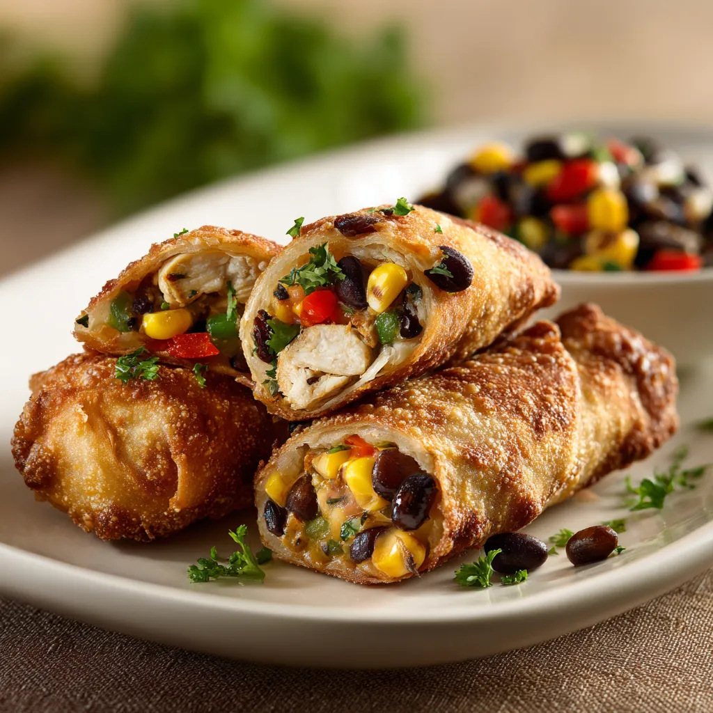 Three Southwestern Egg Rolls on a plate.