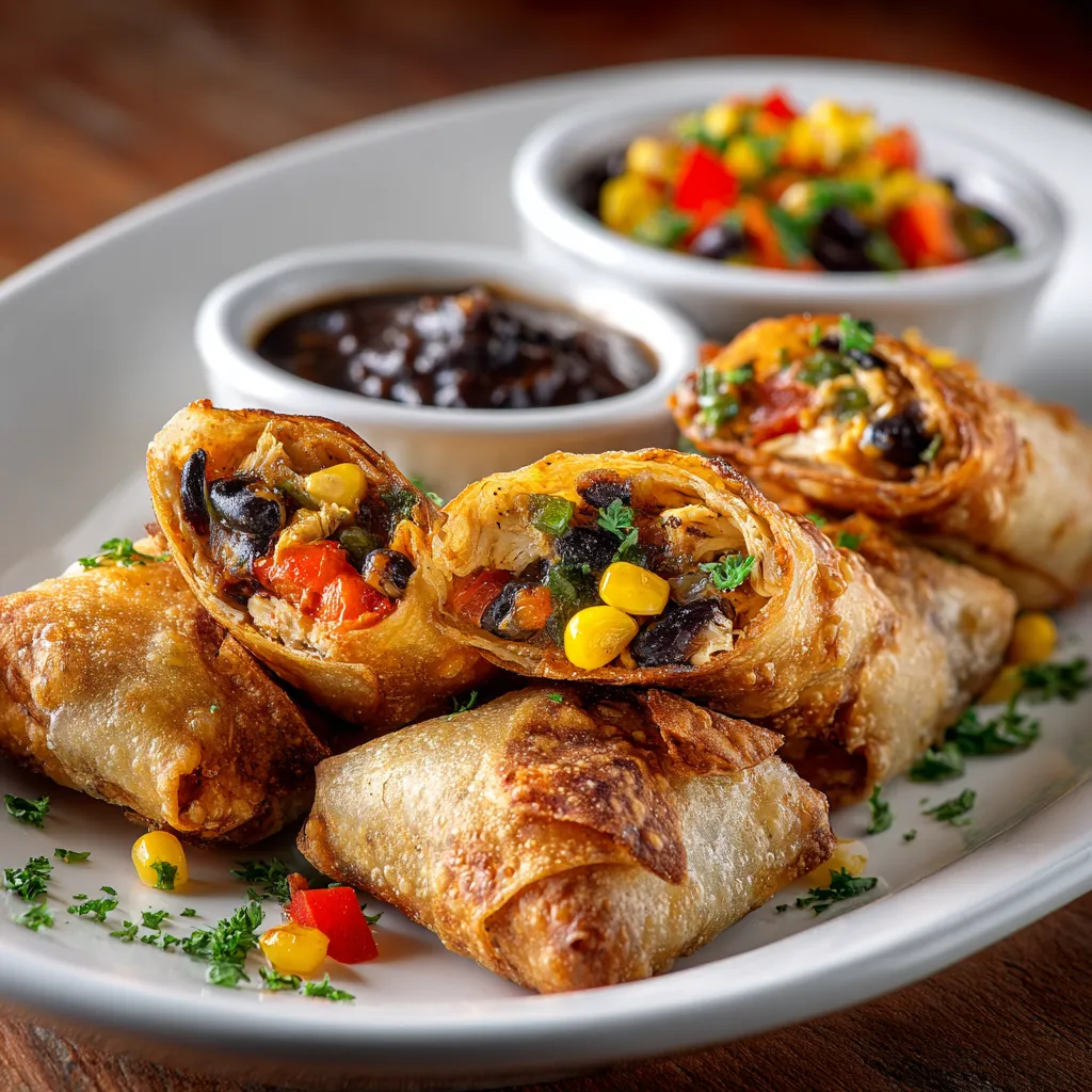 A plate of food with a southwestern egg roll.