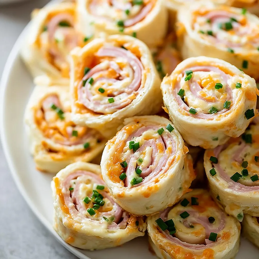 A plate of ham and cheese pinwheels.